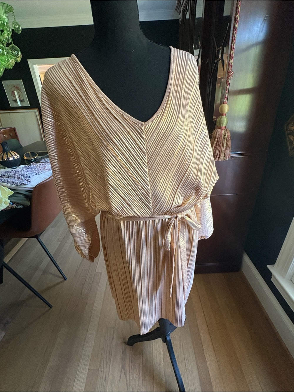 French Connection Pleated V-Neck Belted Dress in Champagne